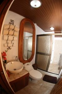 a bathroom with a sink and a toilet and a mirror at Arenal Garden House in Jicarito
