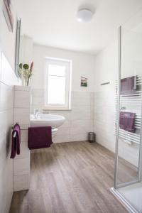 レーベルにあるFerienhaus Seebad im Müritz Seepark 41 aの洗面台とシャワー付きの白いバスルーム