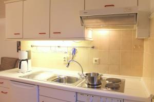 a kitchen sink with a pot on the counter at Kleiner Bungalow in Grömitz +13 photos