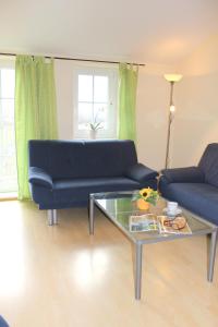 a living room with a blue couch and a glass table at "Hof Triangel - Whg 2" - Bauernhofurlaub in Riepsdorf