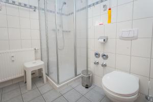 ein weißes Badezimmer mit Dusche und Toilette in der Unterkunft Birkenstraße 7 Whg 2 in Zingst