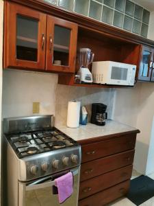a kitchen with a stove and a microwave at Luna de Panajachel in Panajachel