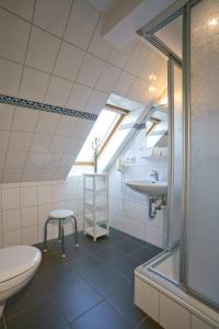 une salle de bain avec toilettes, lavabo et douche dans l'établissement Haus Gud Hööb Whg 08, à Wyk auf Föhr