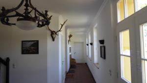 een hal met witte muren en een kroonluchter bij Parterre B Mitte in Gingst