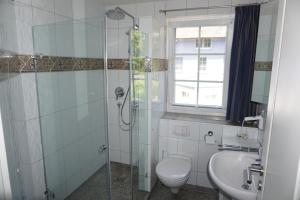 a bathroom with a shower and a toilet and a sink at Kranich in Zingst +6 photos