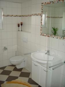 a bathroom with a toilet and a sink and a mirror at Kietzke in Eckernförde