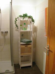a white shelf in a bathroom with a shower at Ferienwohnung Oelstorf in Eckernförde