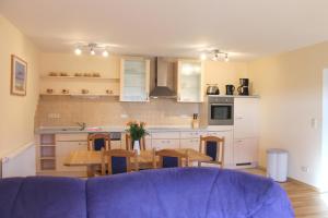 a living room with a blue couch and a kitchen at "Hof Triangel - Whg 3" - Bauernhofurlaub in Riepsdorf +17 photos