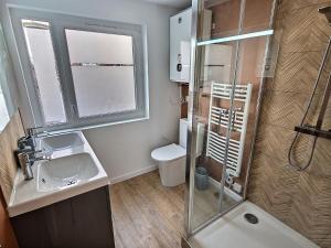 a bathroom with a shower and a sink and a toilet at Maisonette Cozy, Neuf, Centre-ville, Wifi in Elbeuf +9 photos