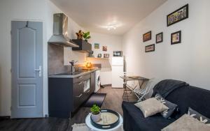 un salon avec un canapé et une cuisine dans l'établissement Studio SO rez de chaussée centre-ville, à Millau 9 autres photos