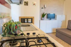 Una cocina con horno de estufa en una sala de estar. en Appartamento Villa Nisapiro' Sannicola, en Sannicola