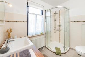 a bathroom with a shower and a sink and a toilet at Ferienhaus Villa Bourguet in Bad Liebenstein +13 photos