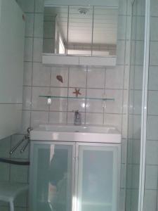un baño con lavabo y espejo en Ferienhaus Gerasymchuk, en Eckernförde