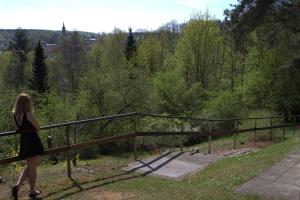 a woman walking up a wooden railing on a hill at Ferienhaus Cornell in Amtshof