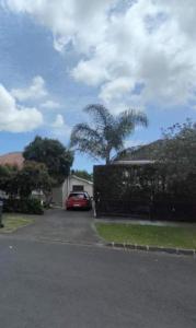 a car parked in a driveway with a palm tree at 6 Beds including 4 Double Beds and 2 Single Sofa Beds Serviced Chalet B in Auckland