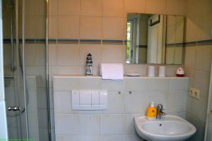 een badkamer met douche, wastafel en spiegel bij Wohnen auf'm Lande HT 6 in Oldsum