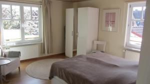 ein Schlafzimmer mit einem Bett und zwei Fenstern in der Unterkunft Kuschelkoje 2 Edition in Eckernförde