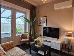 a living room with a television and a plant at Sea Breeze apartment Hellevoetsluis in Hellevoetsluis
