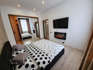 1 dormitorio con cama, TV y chimenea en Diamonds House, en Lupeni