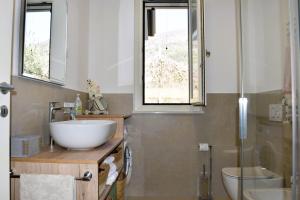 a bathroom with a sink and a toilet and windows at Villetta Giare in Posina +32 photos