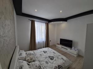 Un dormitorio con una cama y un televisor de pantalla plana. en Diamonds House, en Lupeni