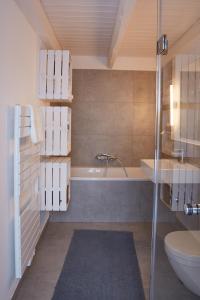 a bathroom with a shower and a sink and a toilet at Entspannt Urlauben am Wasser Ferienhaus "Schuppen 23" für bis zu vier Personen! in Borgwedel