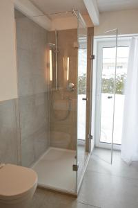 a bathroom with a glass shower with a toilet at Entspannt Urlauben am Wasser Ferienhaus "Schuppen 23" für bis zu vier Personen! in Borgwedel +46 photos