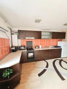 une cuisine avec des armoires marron et un comptoir dans l'établissement Stylish Penthouse with City View & Private Parking, à Timişoara 10 autres photos