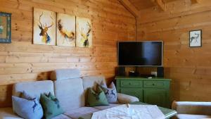 a living room with a couch and a flat screen tv at Blockhaus Stamsried in Stamsried