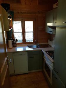 a small kitchen with a sink and a stove at Blockhaus Stamsried in Stamsried