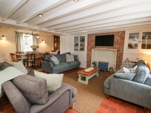 a living room with two couches and a fireplace at Dyffryn Cottage in Cardigan