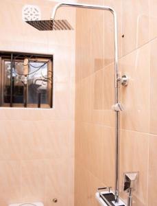 a bathroom with a shower with a toilet and a mirror at MSF one bedroom in Arusha