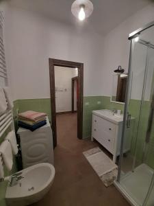 ein Badezimmer mit Waschbecken, Toilette und Dusche in der Unterkunft The Mountain View - Casa a Castello in Castel di Sangro