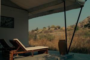 a room with a chair and a view of a field at Brij Pola, Jawai - Luxury Jungle Camp with Private Pools in Jawāi Bāndh +45 photos