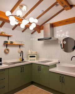 a kitchen with green cabinets and a sink at Private house emotional accommodation, Hanok Stay Owol in Andong +26 photos