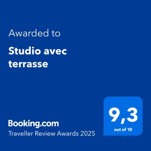 Certifikát, hodnocení, plakát nebo jiný dokument vystavený v ubytování Studio avec terrasse