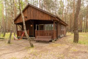 a log cabin with a hammock in the woods at Domki Zacisze, Okoniny in Śliwice