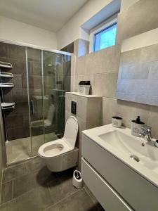 a bathroom with a toilet and a shower and a sink at Pipacs 17 by HelloBalatonlelle in Balatonlelle