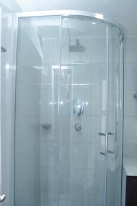 a shower with a glass door in a bathroom at The Serenity Space in Pātan