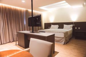 a hotel room with a bed and a tv at Transamerica Fit Catalão in Catalão