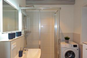 ein Badezimmer mit Dusche und Waschmaschine in der Unterkunft Haus Boldix Whg 5 Martinique in Boldixum