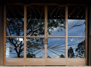 a glass door with a tree reflection in it at Pousada Spa Prana Lorien in Santo Antônio do Leite