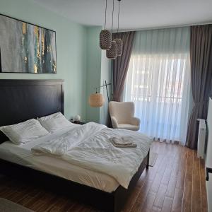 a bedroom with a bed and a chair at Dan's Apartament in Seleuş