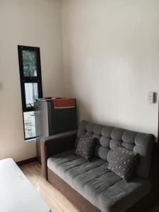 a living room with a gray couch and a window at BMR Apartment in Dipolog +6 photos