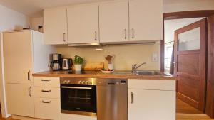 Una cocina con gabinetes blancos y lavavajillas de acero inoxidable. en Heissenhof Urlaub auf dem Bauernhof, en Bernau am Chiemsee 18 fotos más