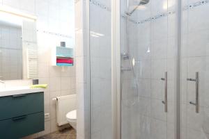 een badkamer met een douche, een toilet en een wastafel bij Haus am Moorbeek in Eimke