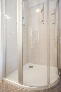 een douche met een glazen deur in een badkamer bij Haus am Moorbeek in Eimke +17 foto's