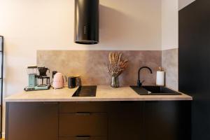 a kitchen with a sink and a counter top at Apartament BLACK PEARL Baltic Concept Dźwirzyno in Dźwirzyno