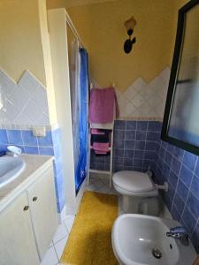 ein blau gefliestes Badezimmer mit Toilette und Waschbecken in der Unterkunft Prestigiosa villa La Cinta in San Teodoro + 27 Fotos