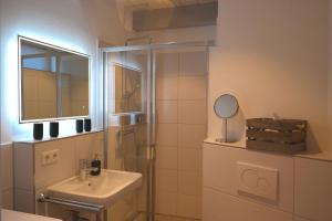ein Badezimmer mit Waschbecken und Dusche mit Spiegel in der Unterkunft Haus Boldix Whg 4 Cayman in Boldixum + 12 Fotos